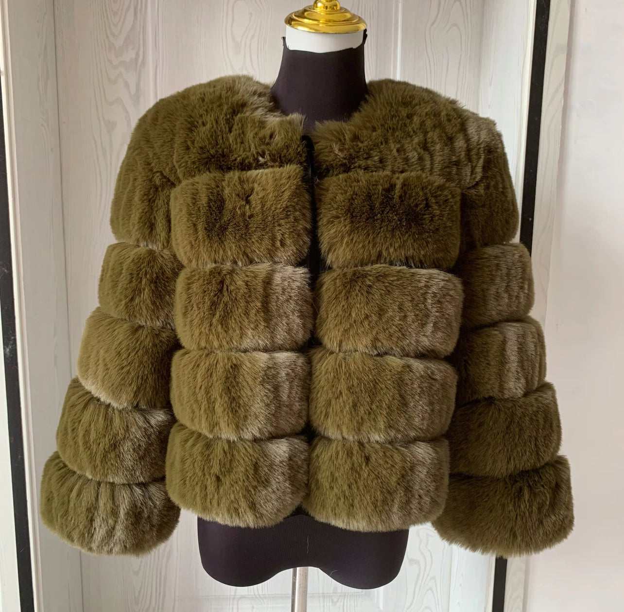 5 Ring Faux Fur Coat - Cropped Sleeve