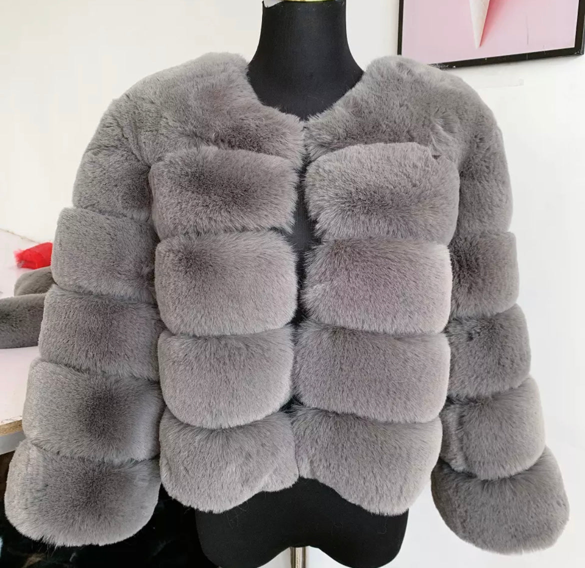 5 Ring Faux Fur Coat - Cropped Sleeve