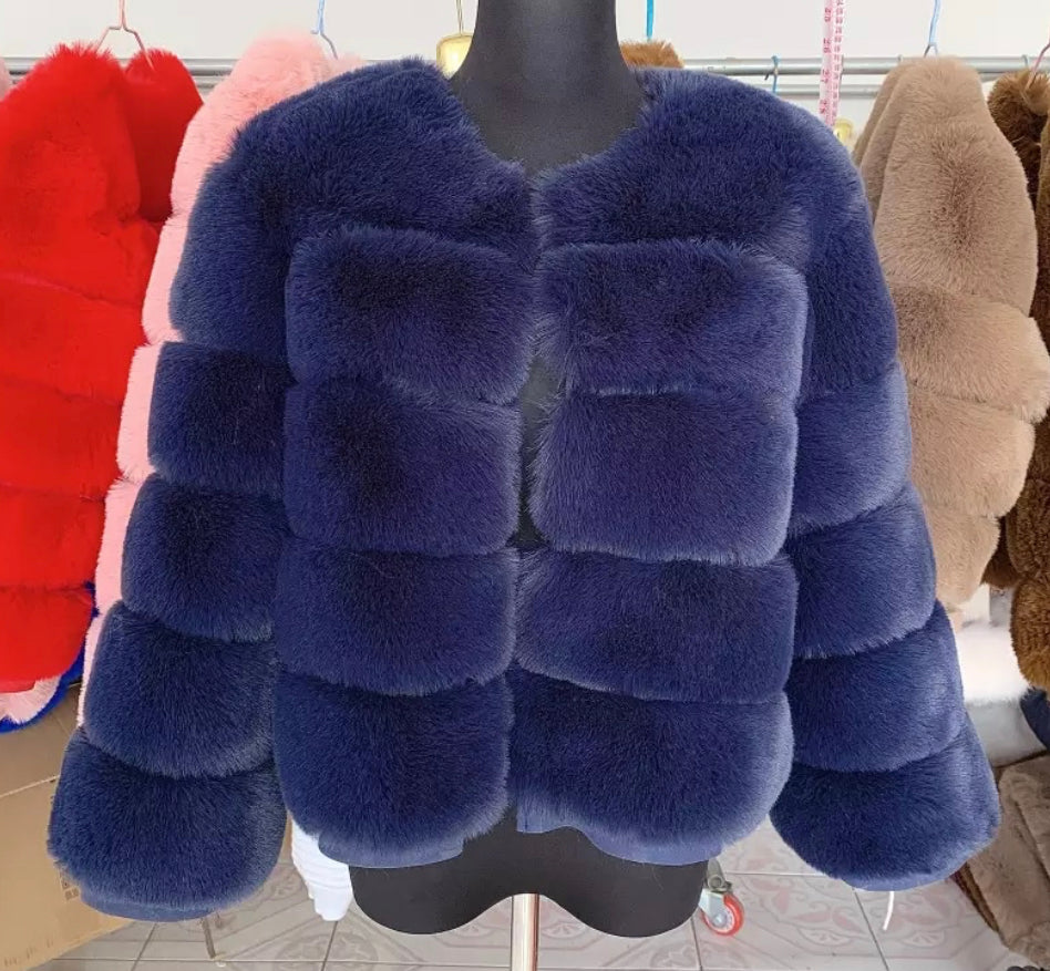 5 Ring Faux Fur Coat - Cropped Sleeve