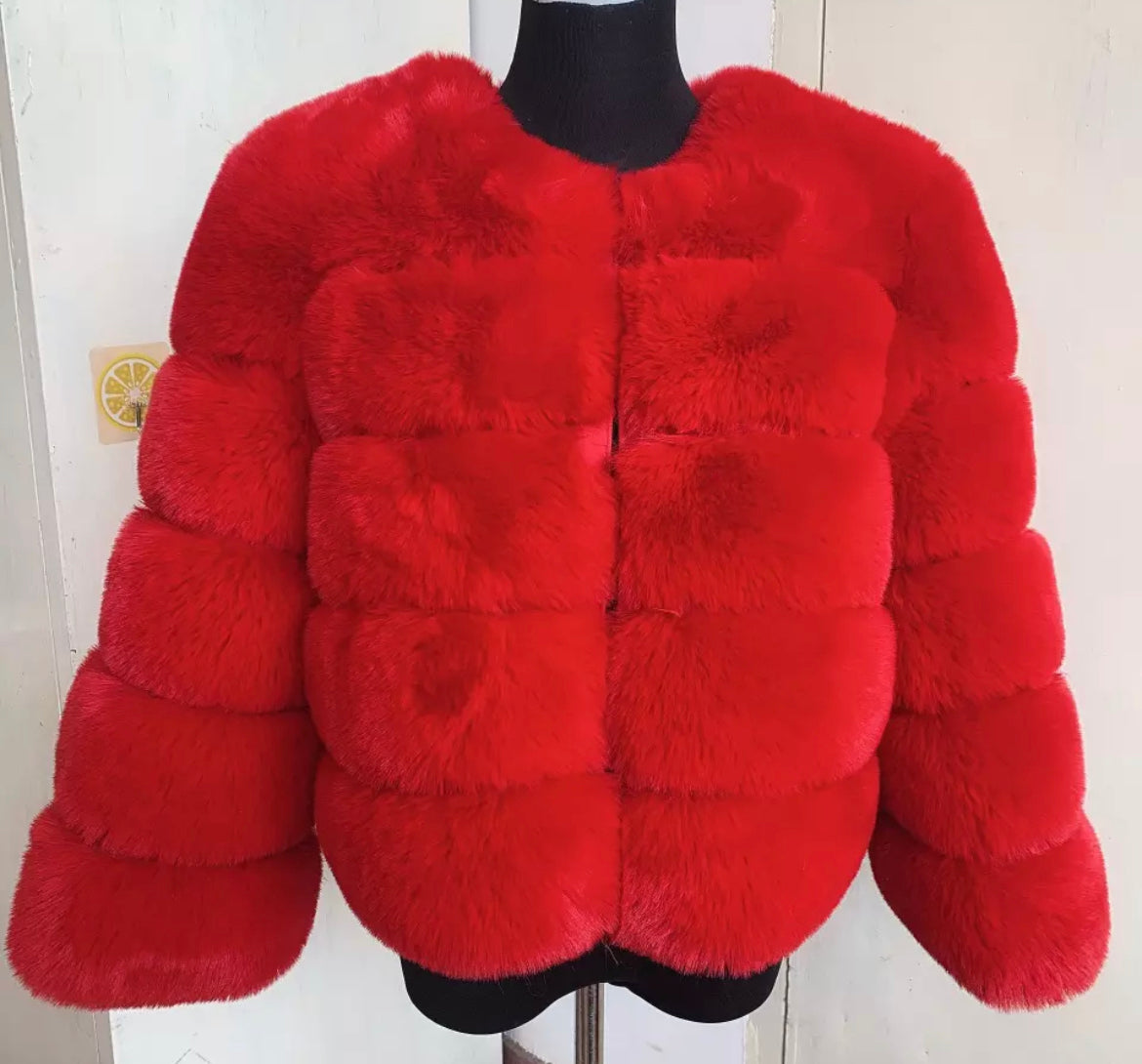 5 Ring Faux Fur Coat - Cropped Sleeve