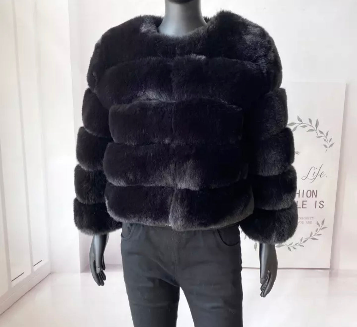 5 Ring Faux Fur Coat - Cropped Sleeve